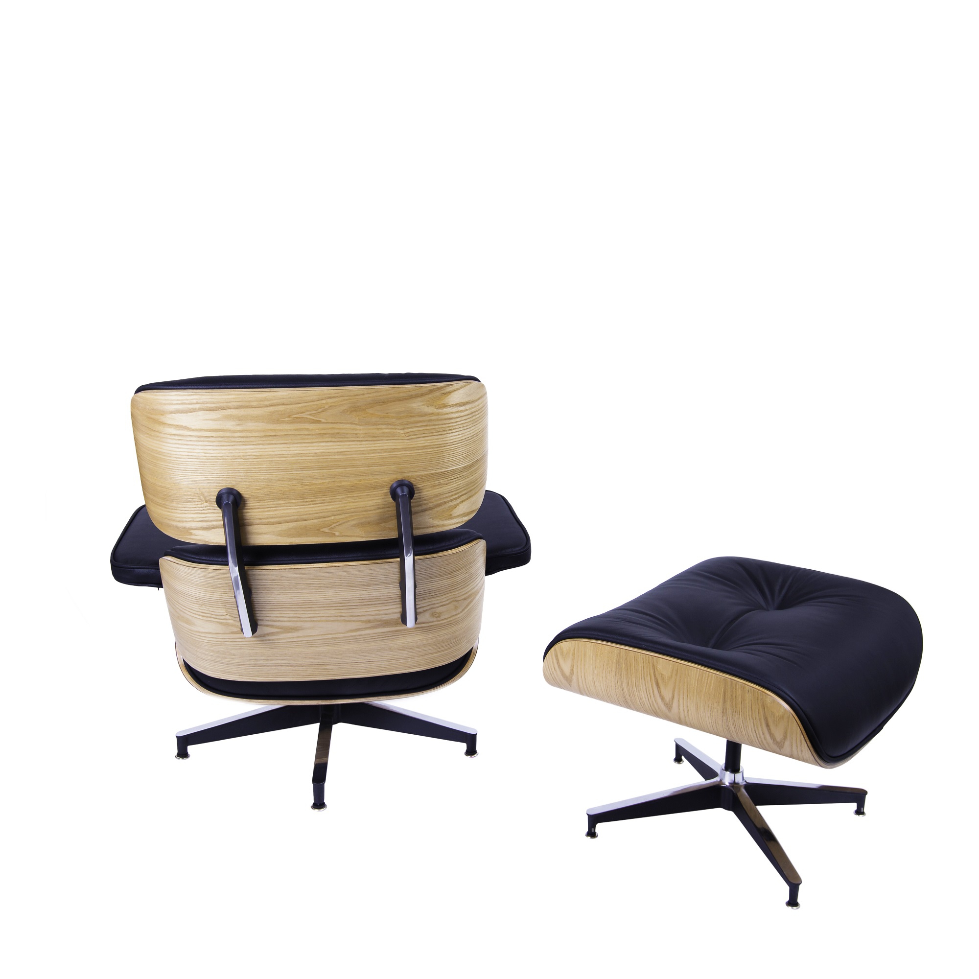 Charles Eames style, Armlehnensessel mit Hocker EA670 schwarz Eschenholz Schwarze Basis
