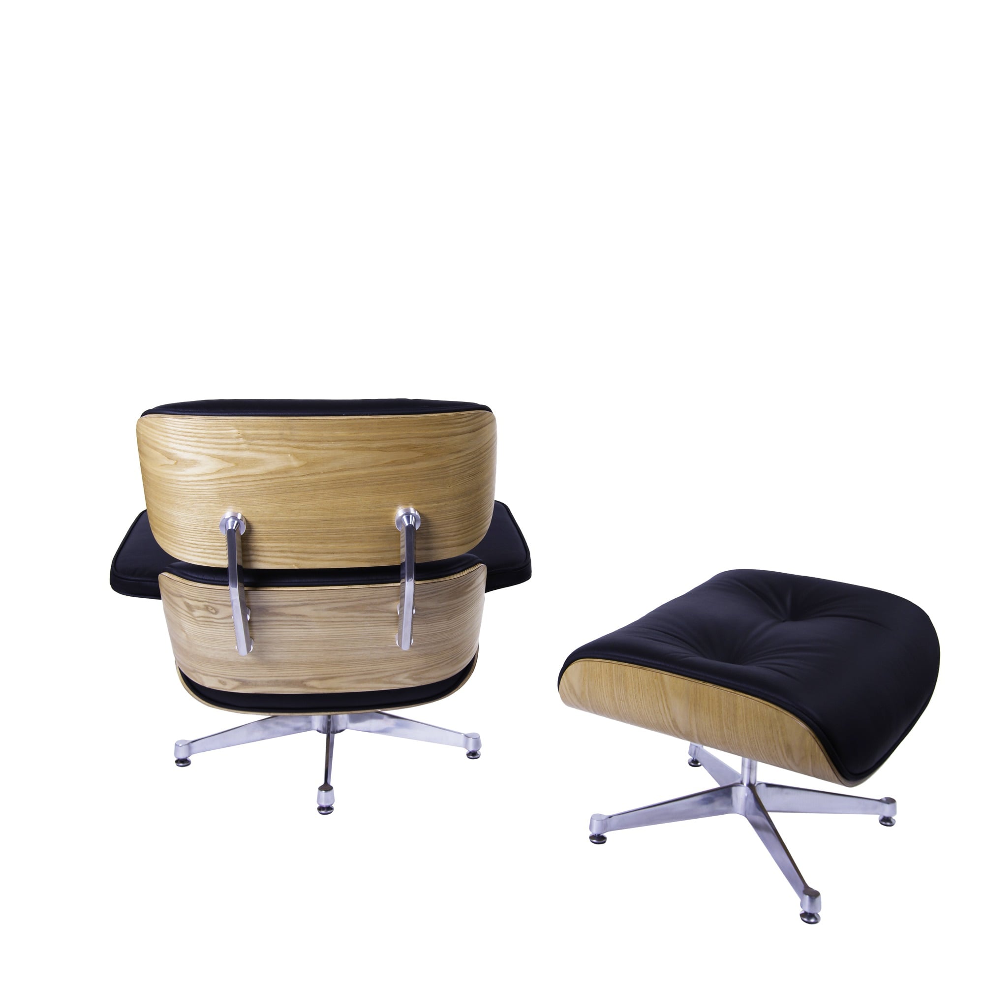 Charles Eames style, Armlehnensessel mit Hocker EA670 XL schwarz Eschenholz Polierte Base