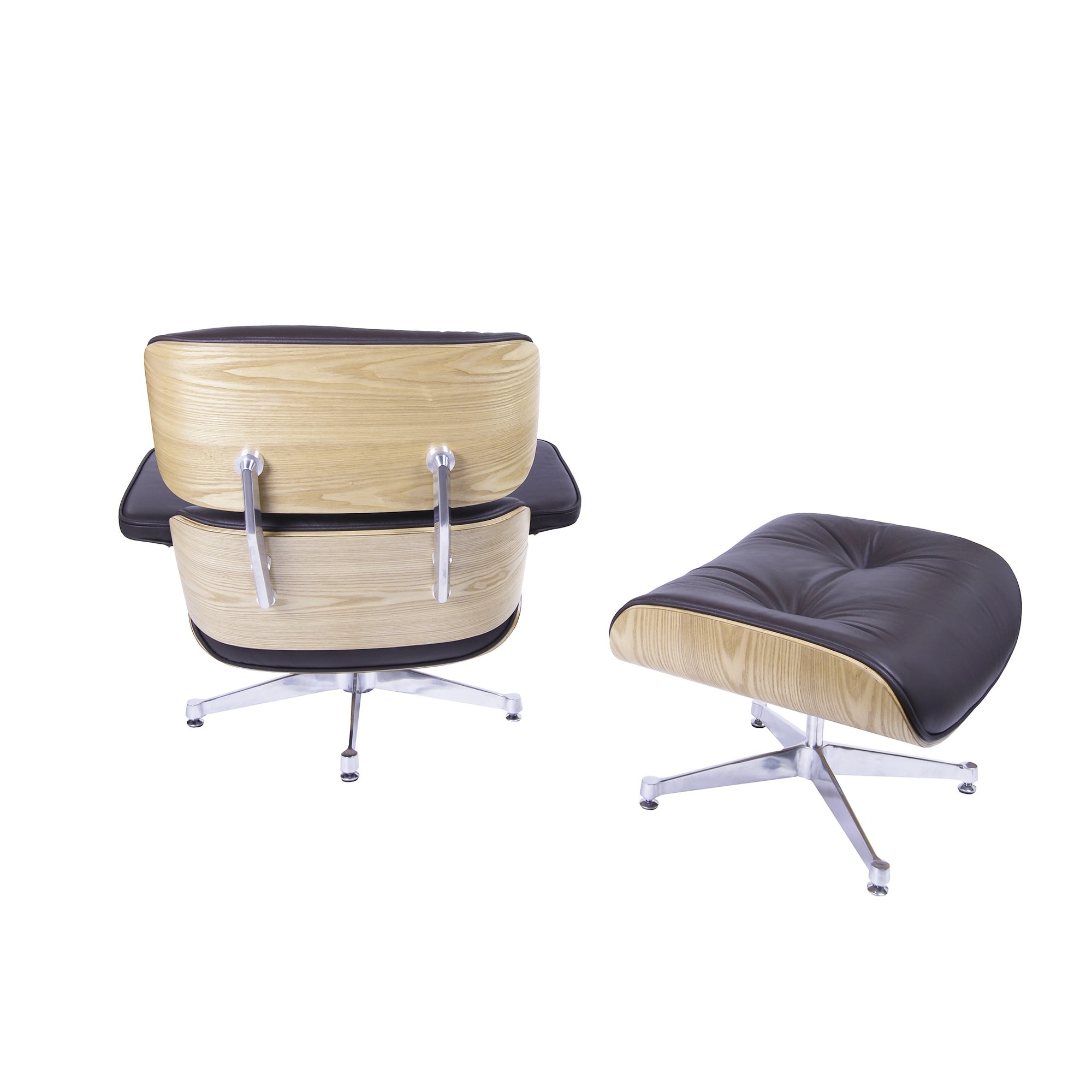 Charles Eames style, Armlehnensessel mit Hocker EA670 XL braun Eschenholz Polierte Base