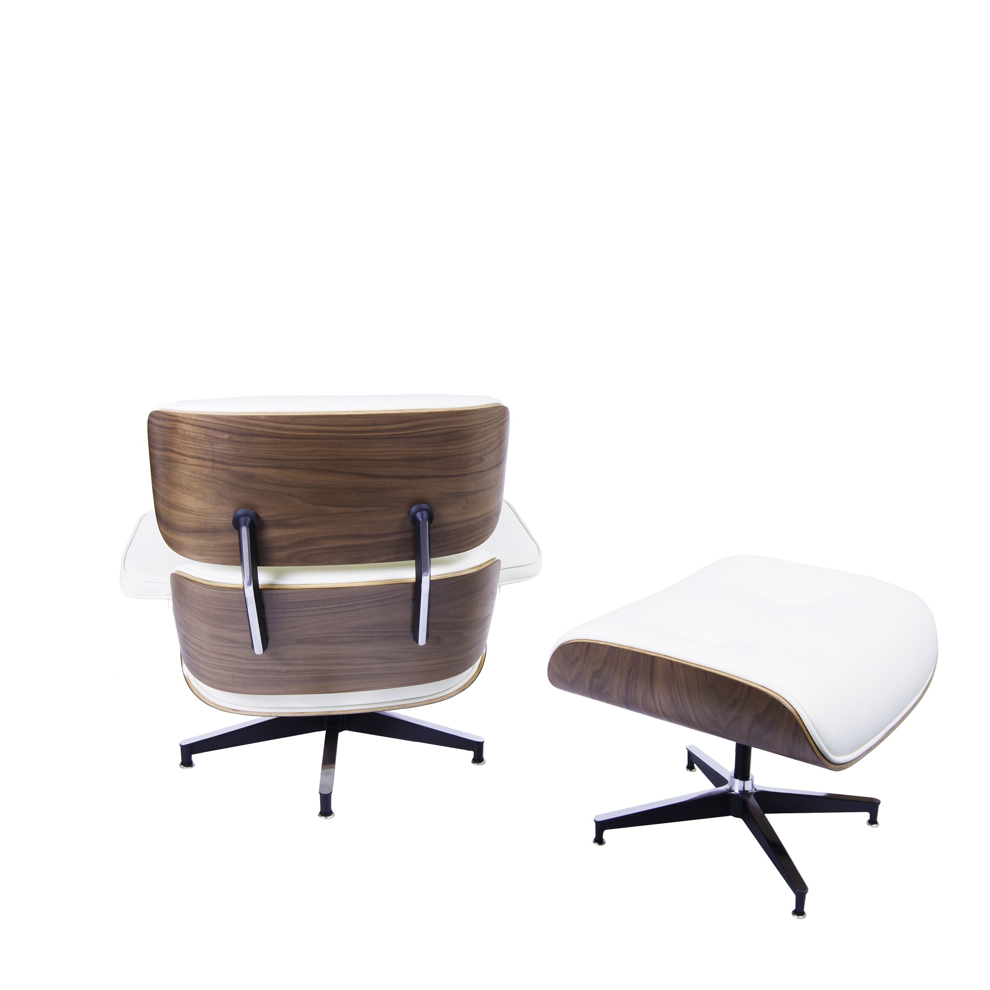 Charles Eames style, Armlehnensessel mit Hocker EA670 creme Nussbaum Schwarze Basis
