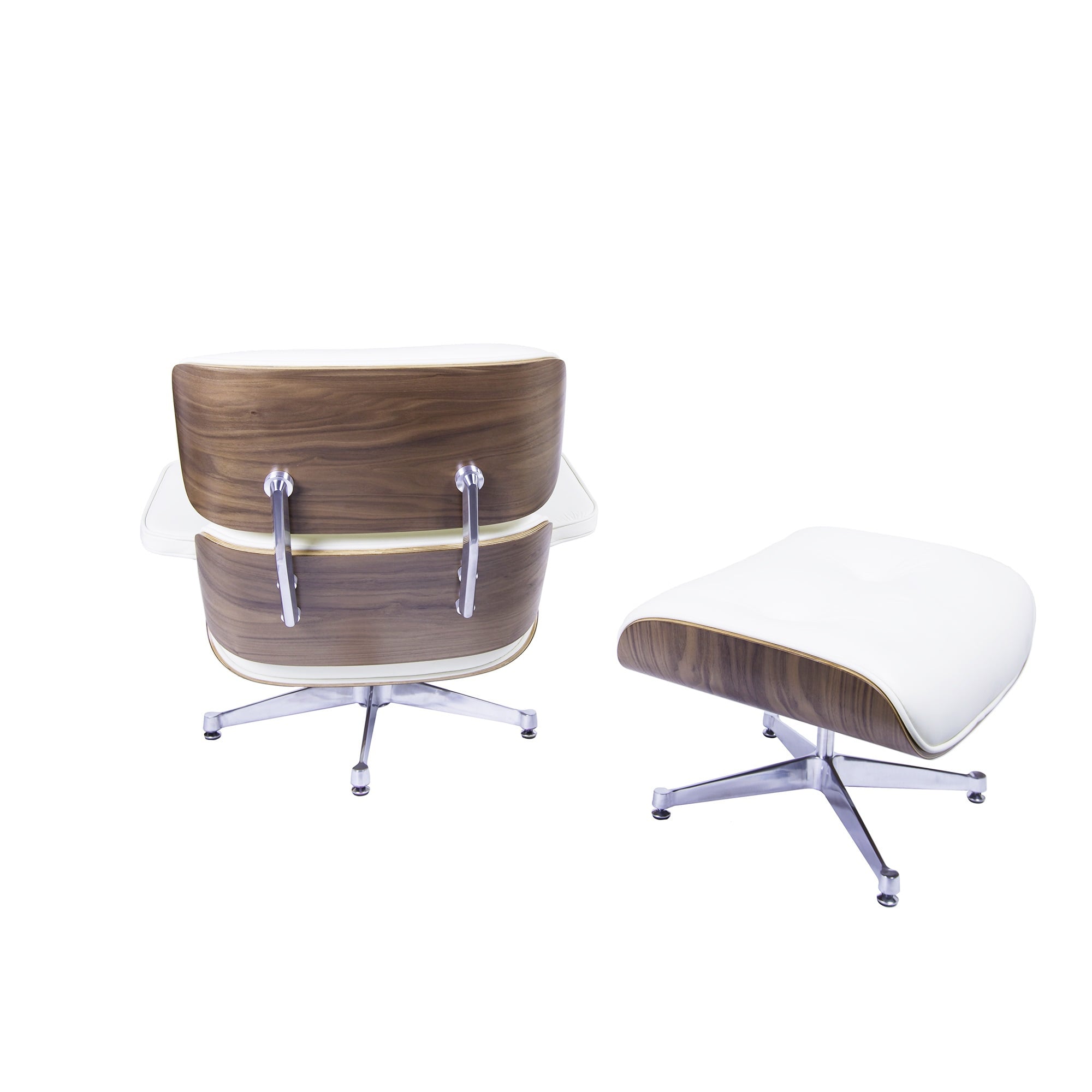 Charles Eames style, Armlehnensessel mit Hocker EA670 creme Nussbaum Polierte Base
