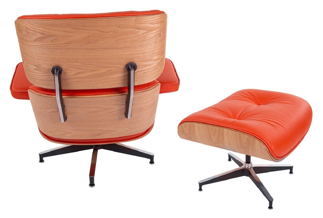 Charles Eames style, Armlehnensessel mit Hocker EA670 SPECIAL EDITION rot Eschenholz Schwarze Basis